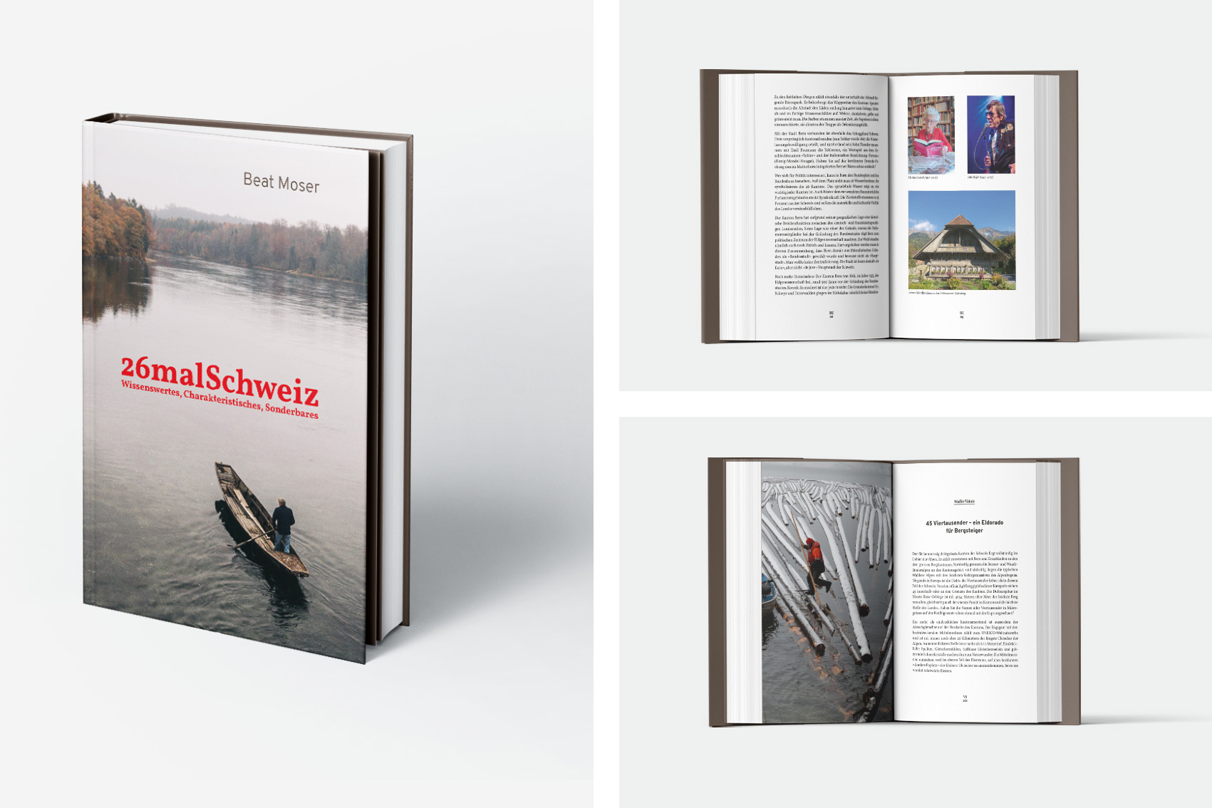 Drei Bilder, die das Buch 26malSchweiz von Beat Moser zeigen. Man sieht die Vorderseite und zwei verschiedene Innenseiten.