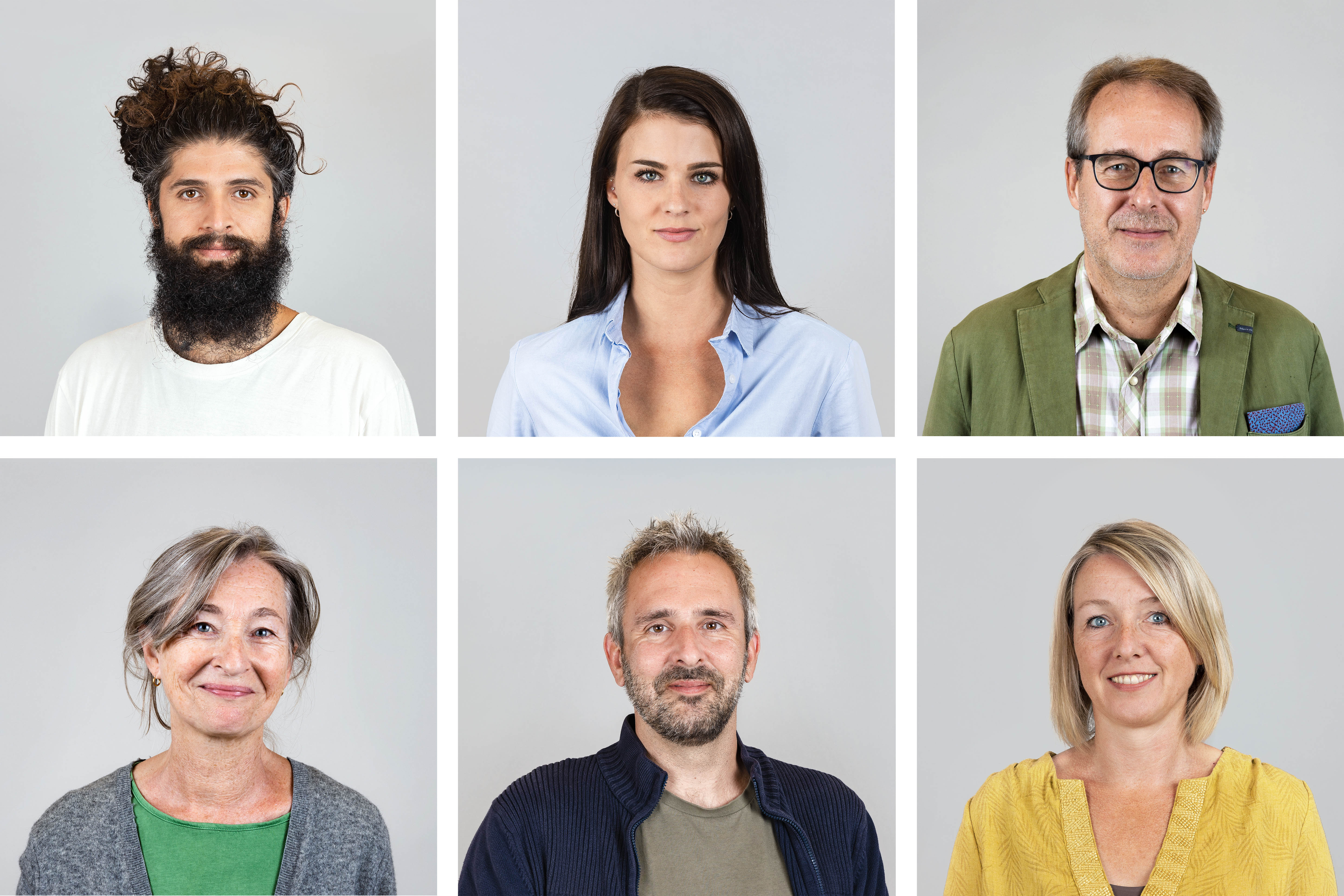 Sechs Portraitfotos, die verschiedene Personen vor grauen Hintergrund zeigen.