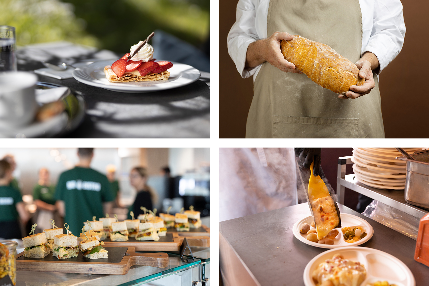 Vier Fotos, die verschiedene Nahaufnahmen von Essen zeigen.