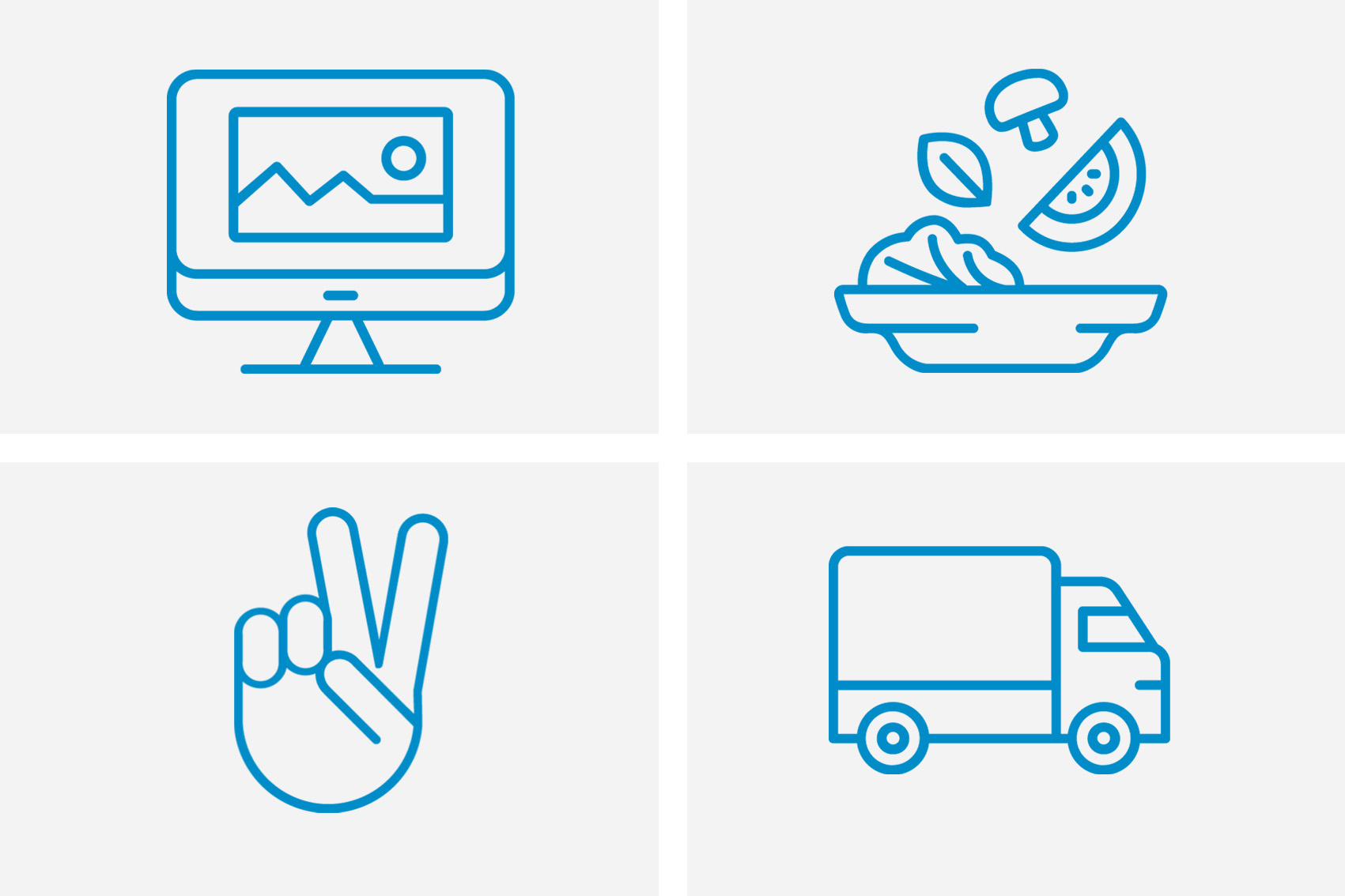 Vier verschiedene Piktogramme im gleichen Stil: Ein Fernseher, Salat, eine Hand, die das Peace-Zeichen macht und ein Lastwagen.