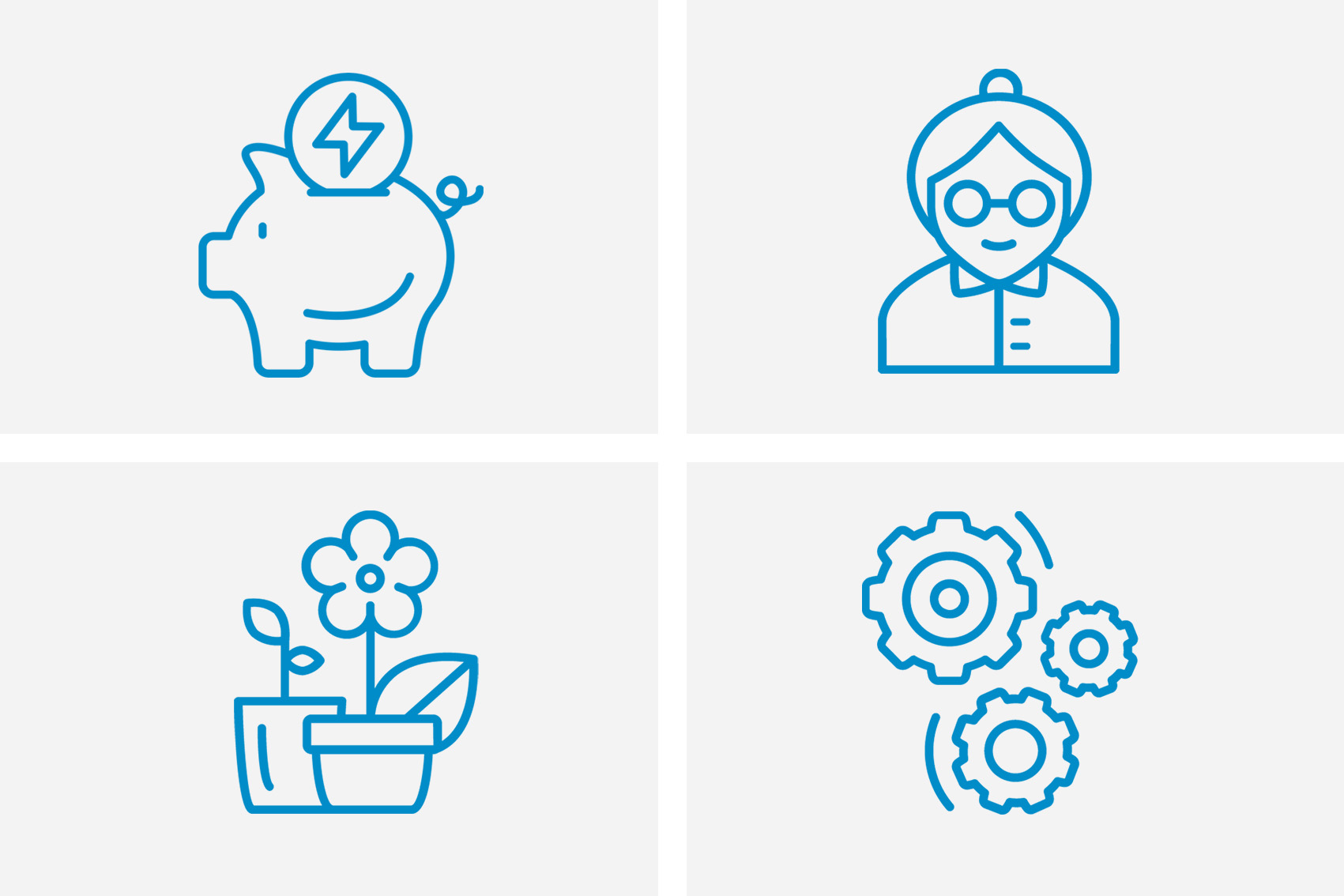 Vier verschiedene Piktogramme im gleichen Stil: Ein Sparschwein, eine Seniorin, Blumen und Zahnräder.