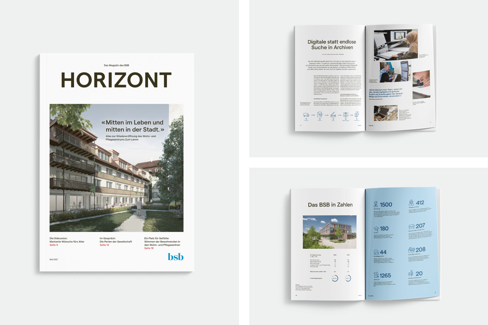 Drei Bilder, die das Magazin Horizont zeigen. Man sieht ein mal die Titelseite und zwei verschiedene Innenseiten.