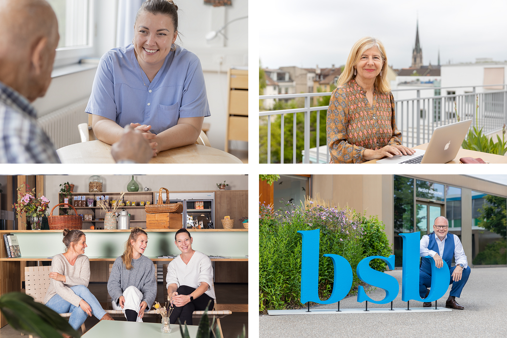 Vier Portraits von verschiedenen Personen, die in unterschiedlichen Situationen fotografiert wurden.